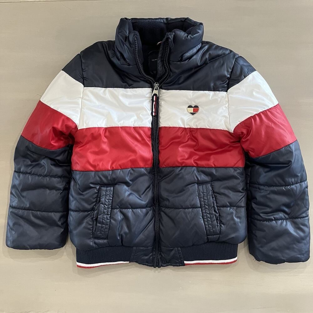 Unisex Kids Tommy Hilfiger Puffer Coat Winter Jacket Heart Logo 7 Blue Red White